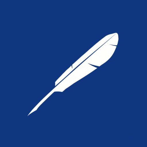 White quill pen within a blue square, representing the idea that knowledge and education empower individuals to achieve freedom.
